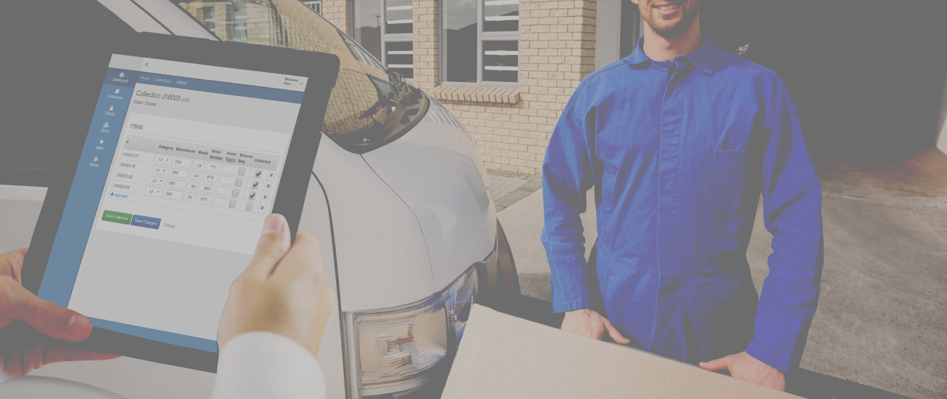 Image of a worker on site with their tablet, checking what items are to be collected